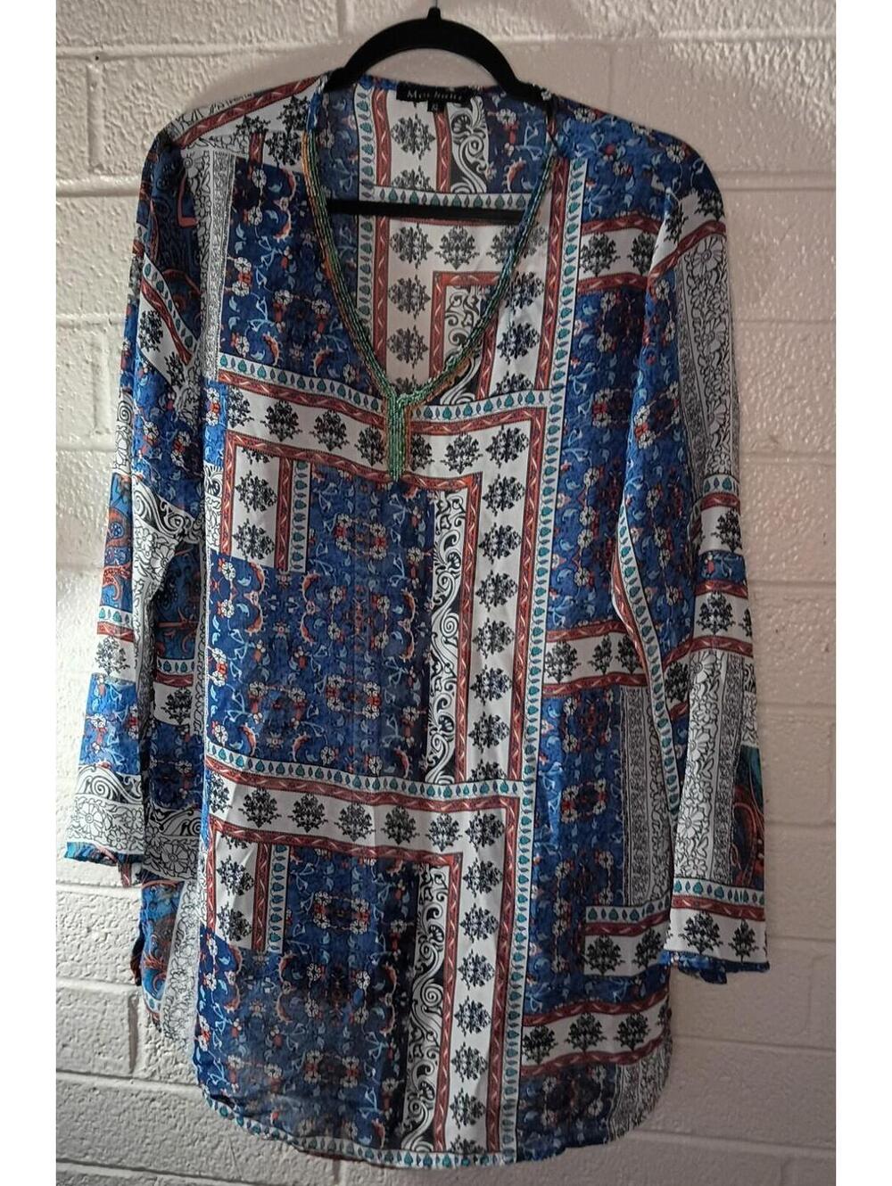 Women's XL Sheer Long Sleeve V Neck Beaded Boho Tunic Top